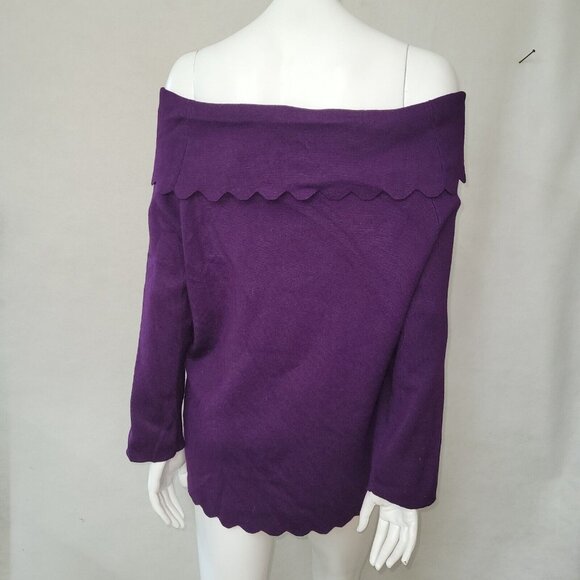 Cable & Gauge Sweater Women L Purple Off- Shoulder Wide Collar Scalloped Hem New - Picture 4 of 13